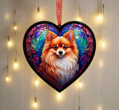 Pomeranian Stained Glass Effect Heart Suncatcher